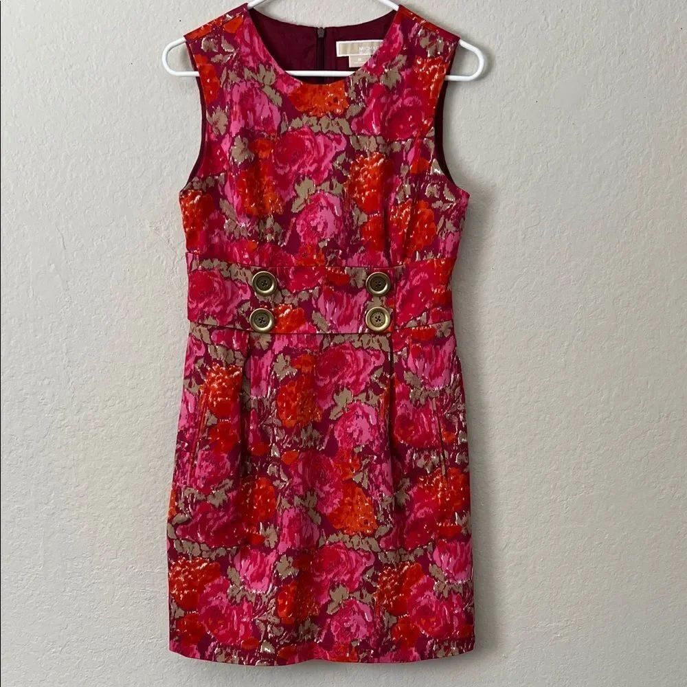 Like New! Michael Kors Sheath Dress Floral Print Sleeveless Pink Red Gold in 8